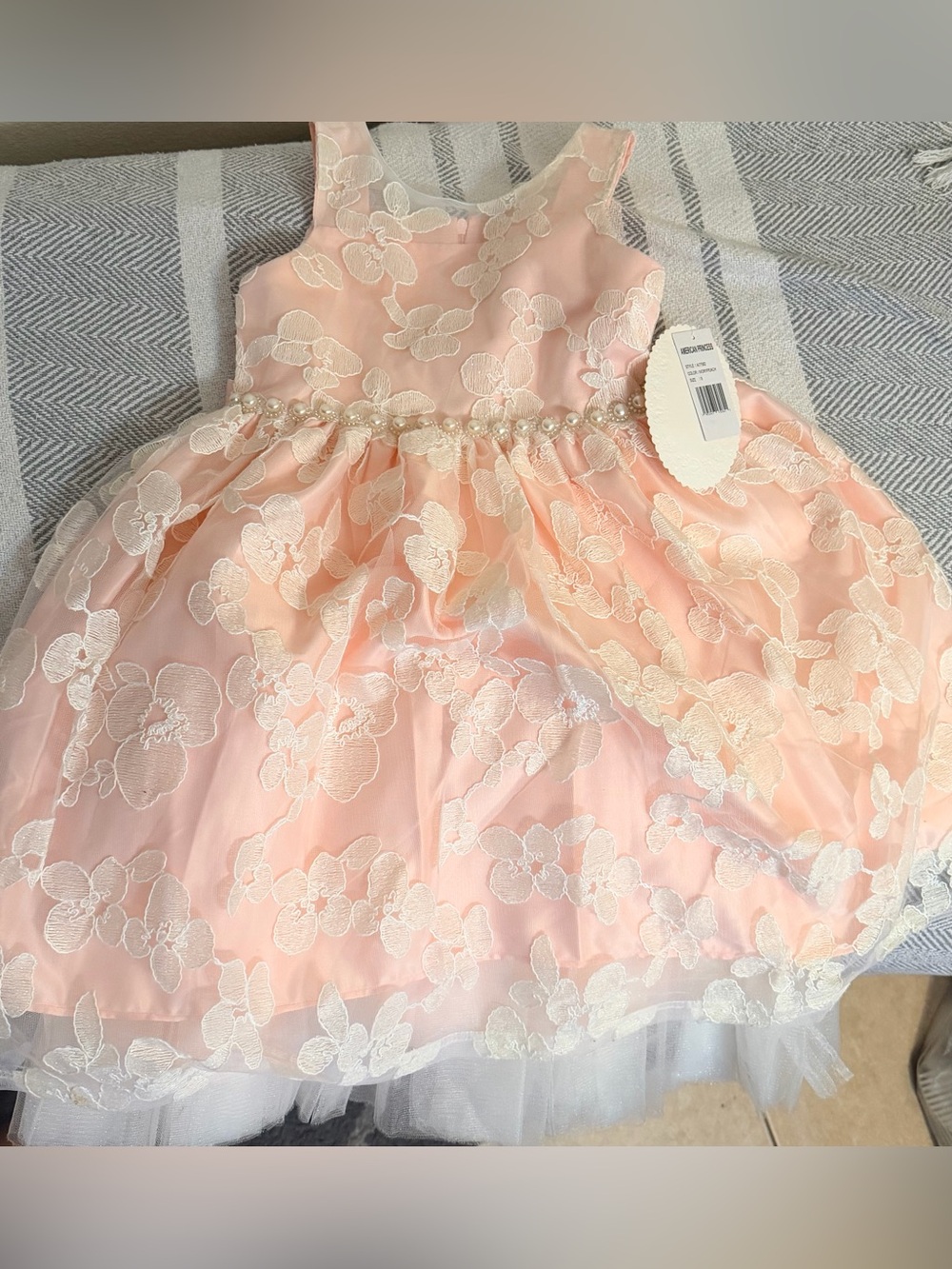 Peach & Ivory Floral Pearl Waist Party Dress size 8